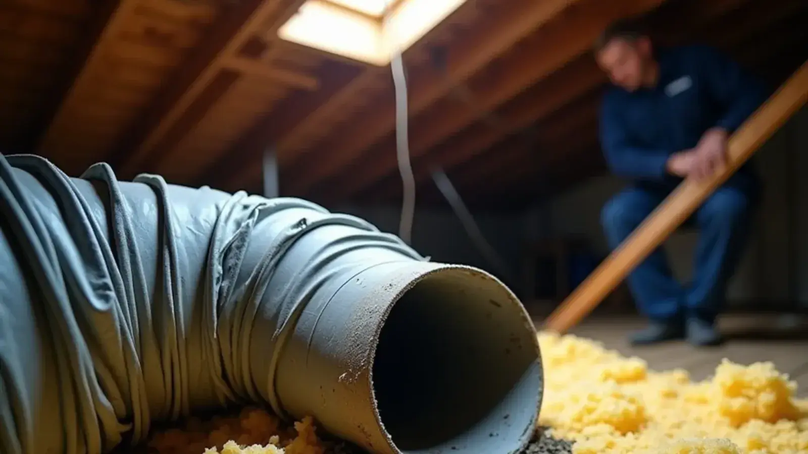 Disconnected flex duct lying on attic insulation above a South Texas home
