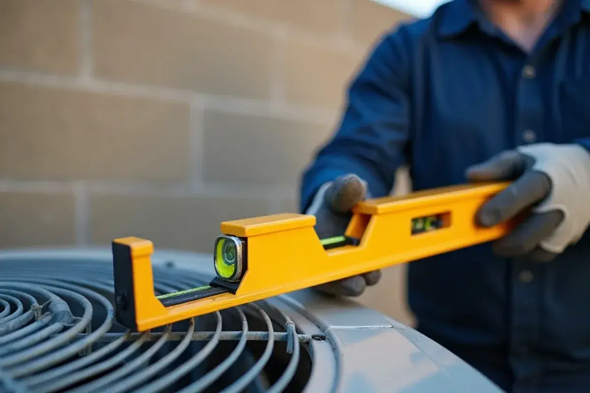 Torpedo level on top of a tilted AC condenser showing the bubble off center