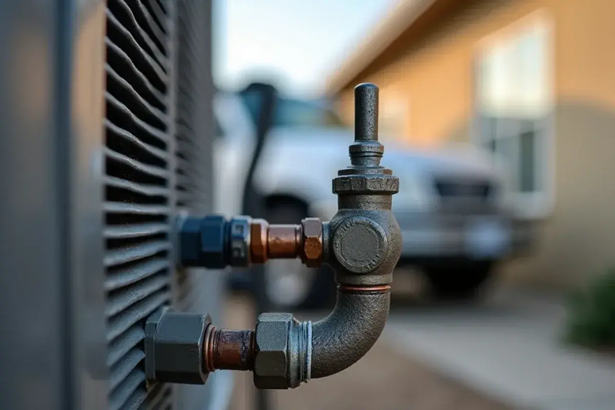 Copper refrigerant line set pulled tight and bent where a sinking pad dragged the condenser down
