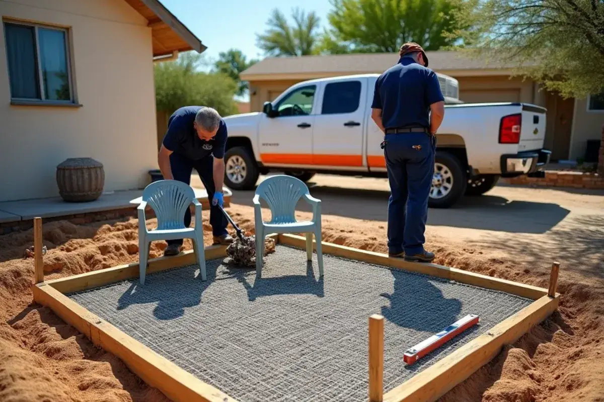 Wood forms and compacted base with wire mesh ready for a new concrete AC condenser pad