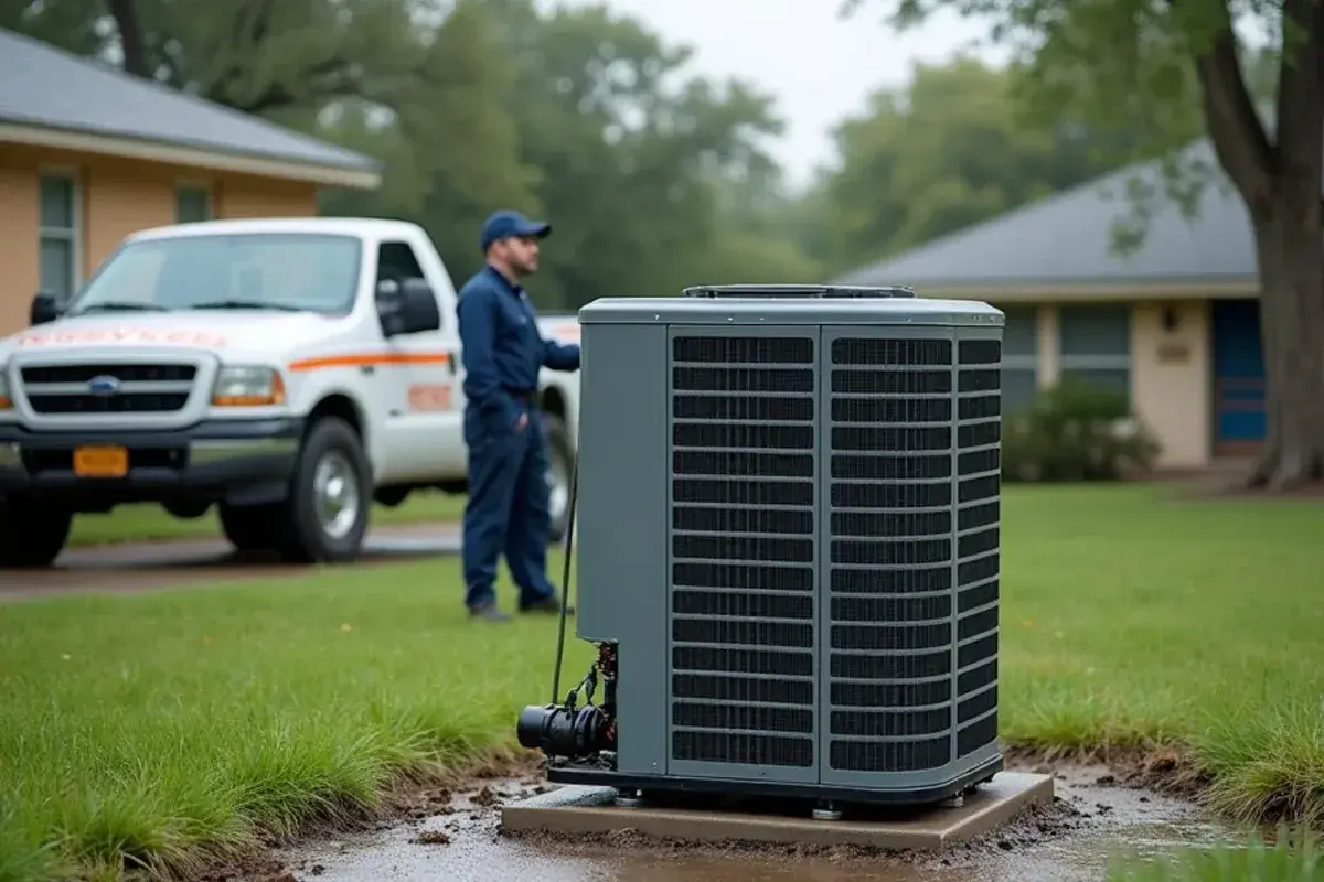 Condenser sitting on a raised concrete pad above grade in a low, flood-prone yard