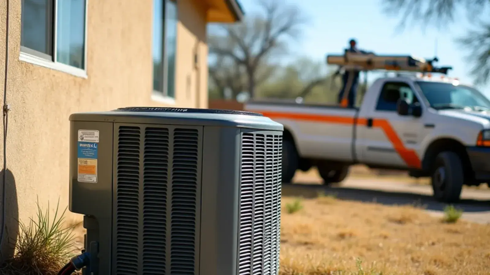 Outdoor AC condenser tilted on a sunken, cracked concrete pad beside a South Texas home