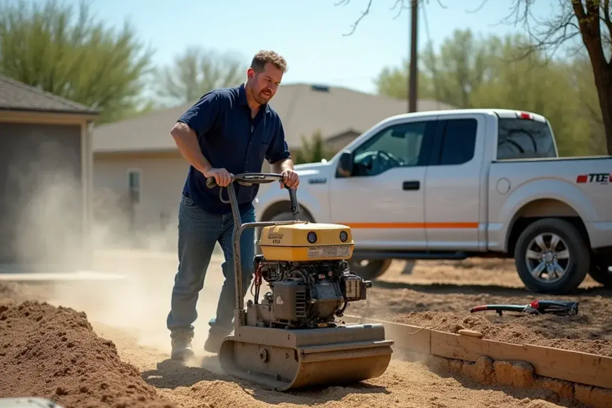 Worker compacting a caliche and gravel base with a plate compactor before pouring a patio slab