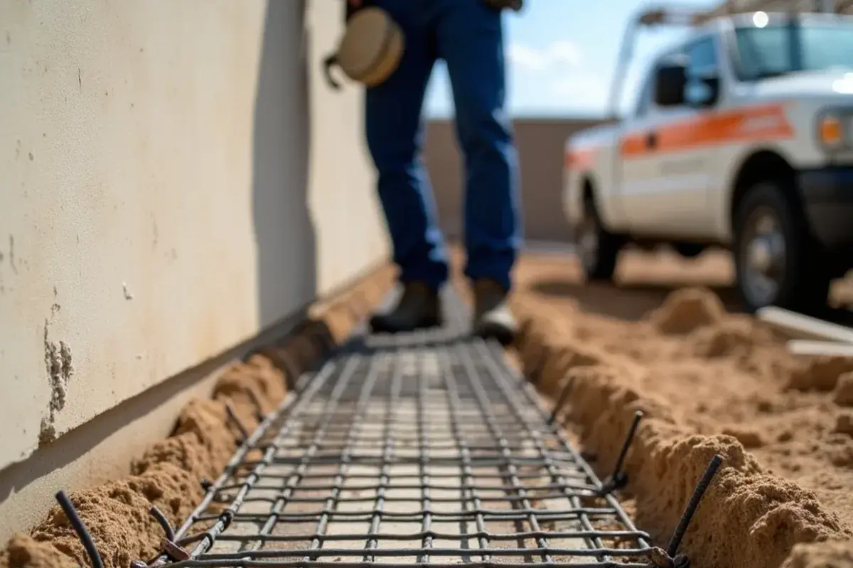 Rebar grid on plastic chairs inside the forms for a new concrete sidewalk