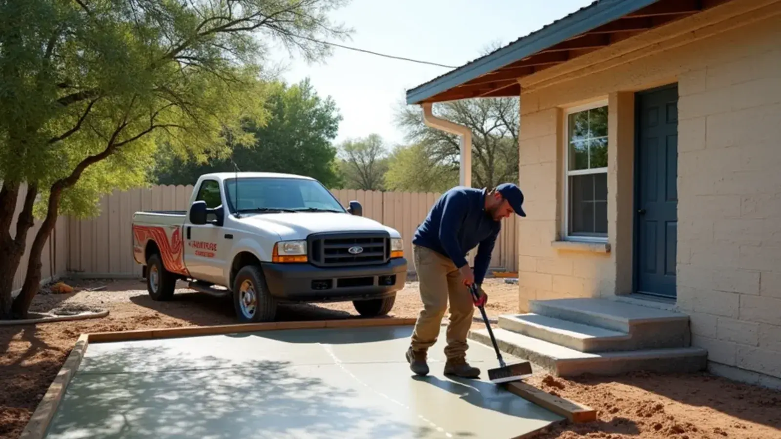 Freshly finished concrete patio slab behind a block home in Starr County, Texas