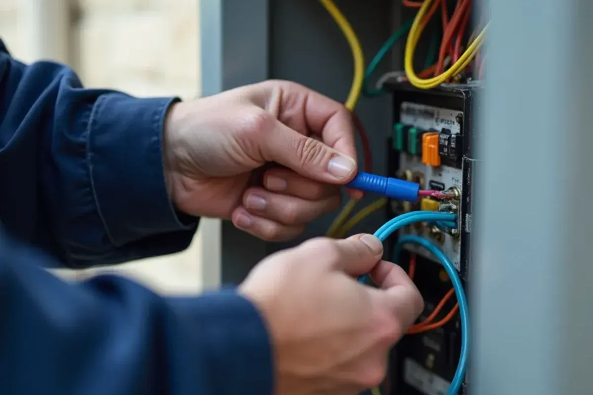 Blue common wire being connected at the air handler control board for a thermostat c wire