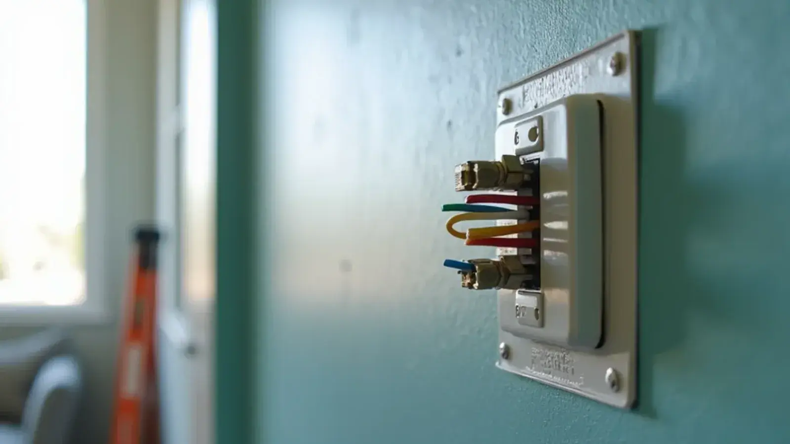 Smart thermostat base plate with color-coded low-voltage wires on a living room wall