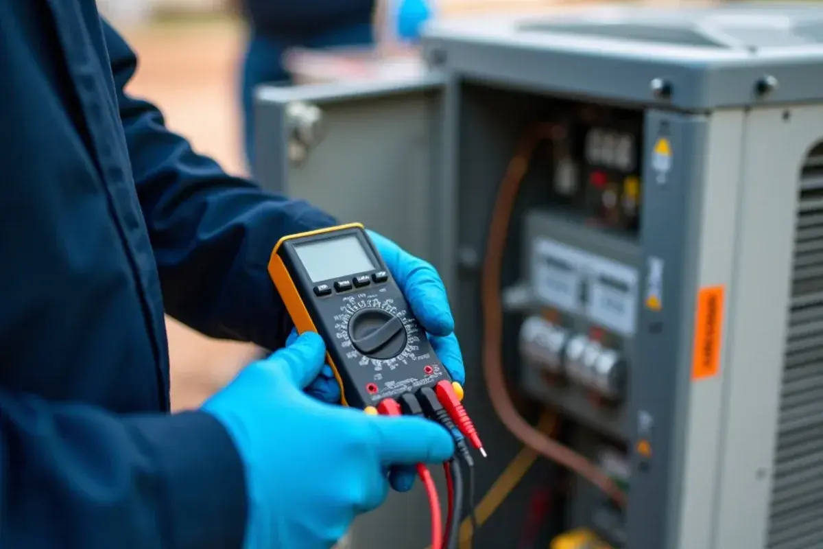 Multimeter reading a dual run capacitor removed from a condenser during AC tune-up testing