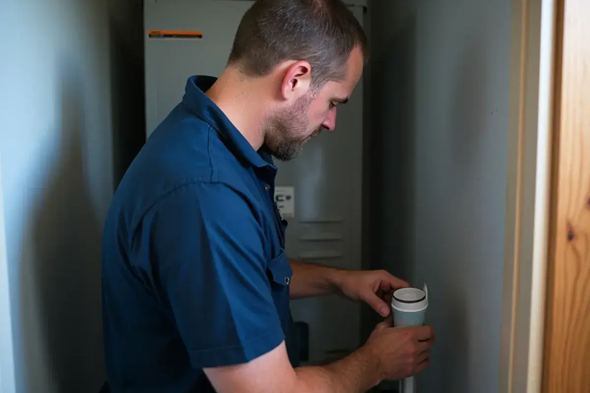 Technician flushing the condensate drain line at an indoor air handler in a utility closet