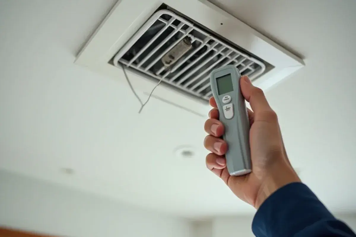 Digital probe thermometer measuring cold air at a ceiling supply vent during a spring AC check