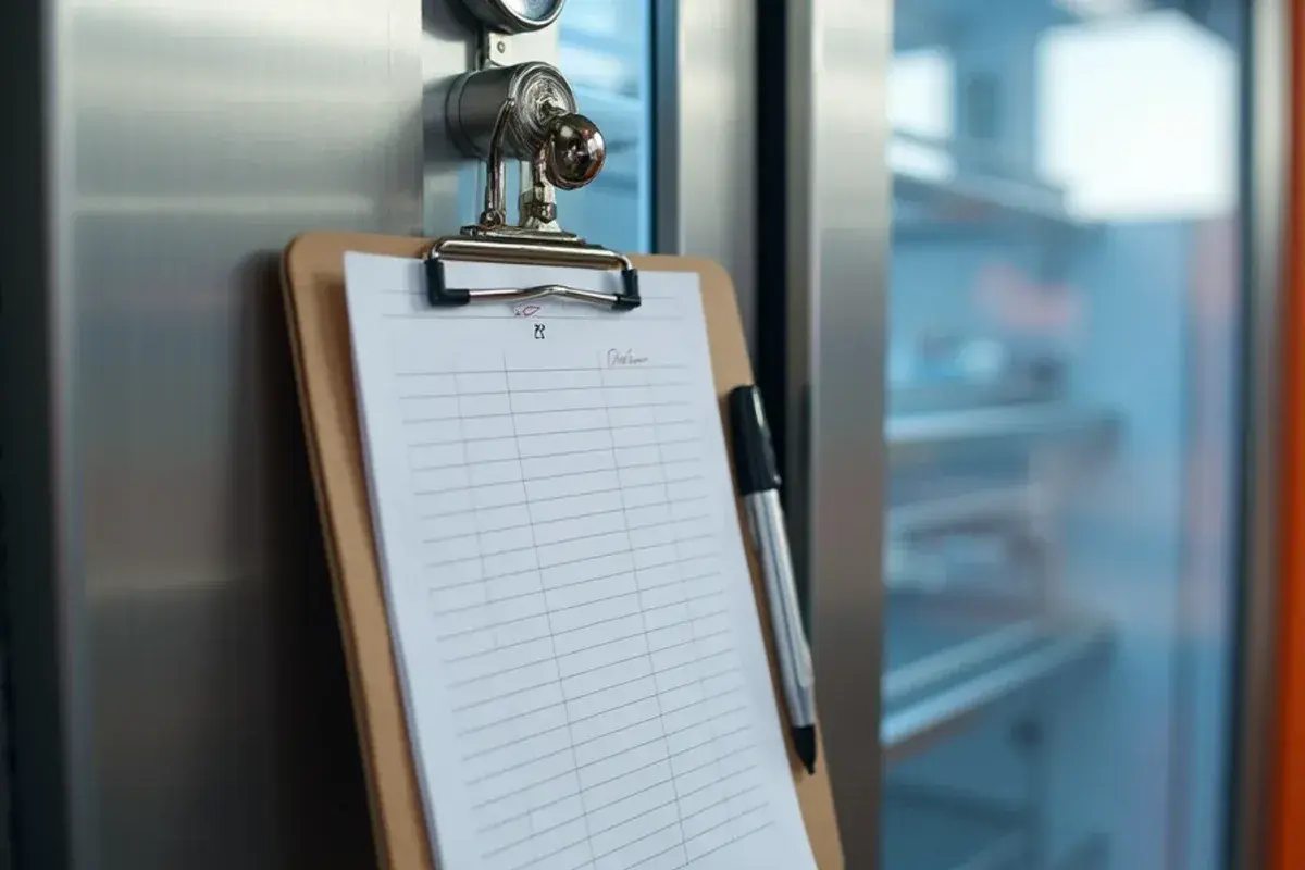 Clipboard temperature log and thermometer hanging by a walk-in cooler door during a cooling failure