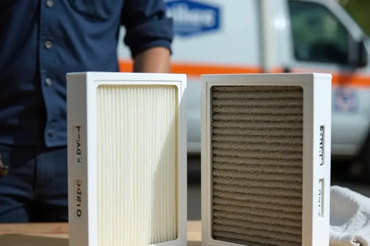 New pleated air filter beside a dust-loaded filter pulled from a Valley home's return grille