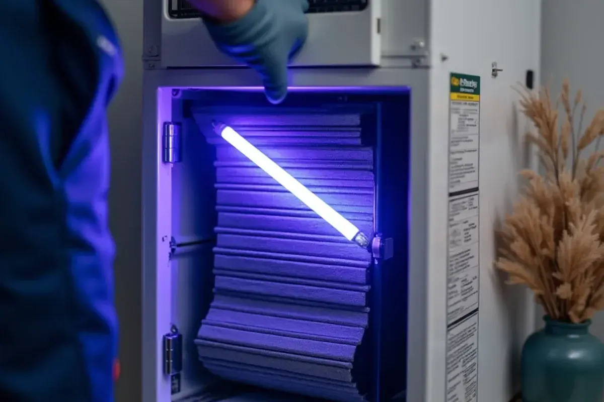UV light mounted above the indoor coil of an air handler to limit mold growth on the coil