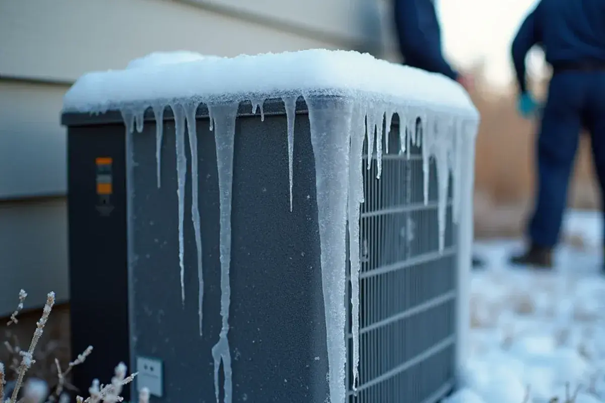 Thick ice built up on the outdoor coil of a heat pump during a South Texas hard freeze