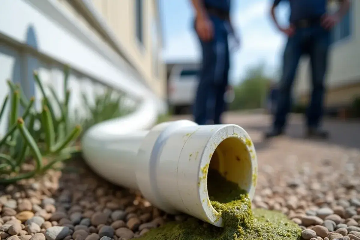 Condensate drain line outlet beside a mobile home showing algae buildup after a summer away