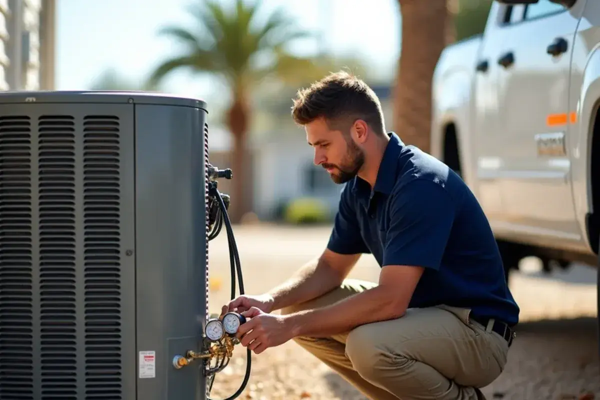 Technician in a navy work shirt reading pressures on a park model heat pump