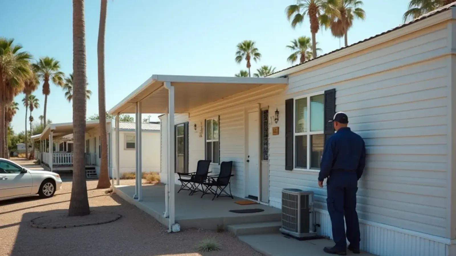 Park model home with a small outdoor heat pump in a winter-Texan park in the Rio Grande Valley