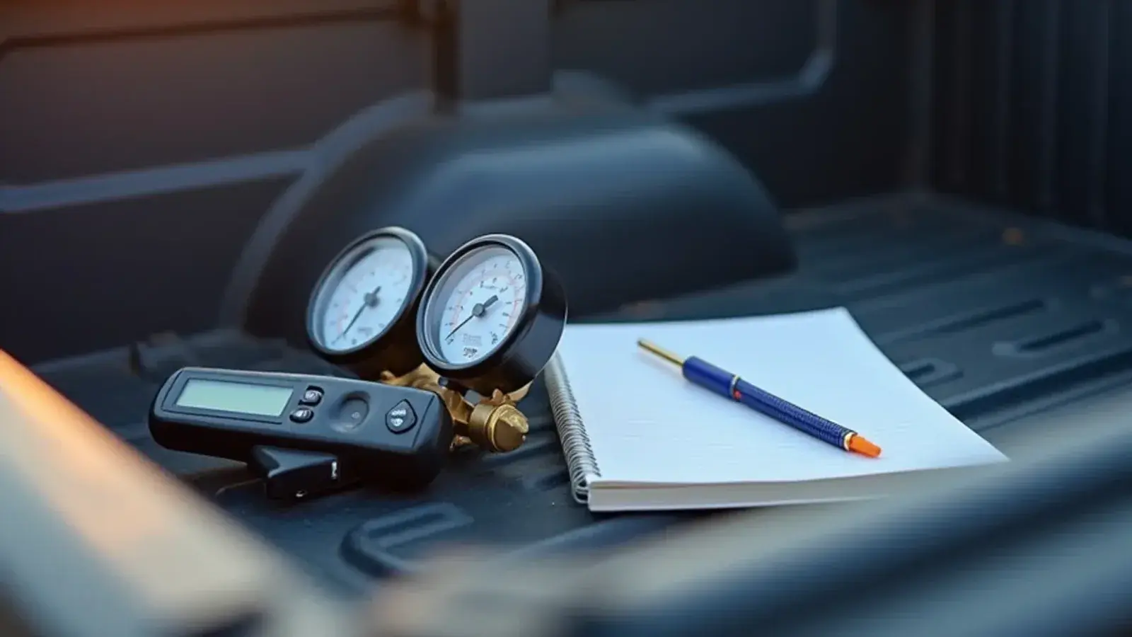 Technician notebook and gauges on a tailgate during an AC service call in Rio Grande City