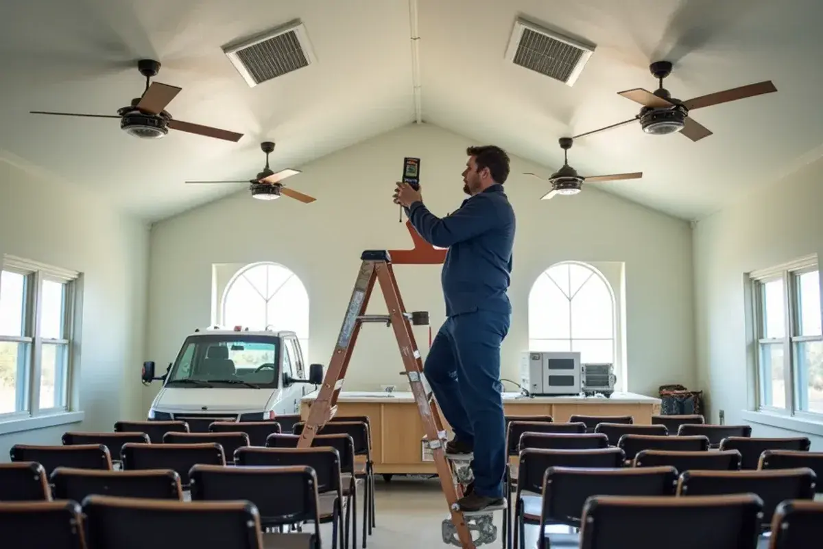 Ceiling supply vents over rows of chairs in a church fellowship hall near Rio Grande City
