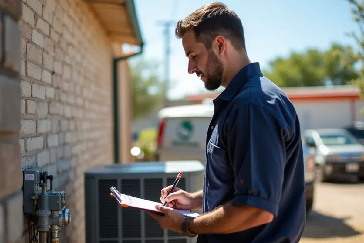 Technician writing refrigerant readings on a service sheet behind a shop on US-83