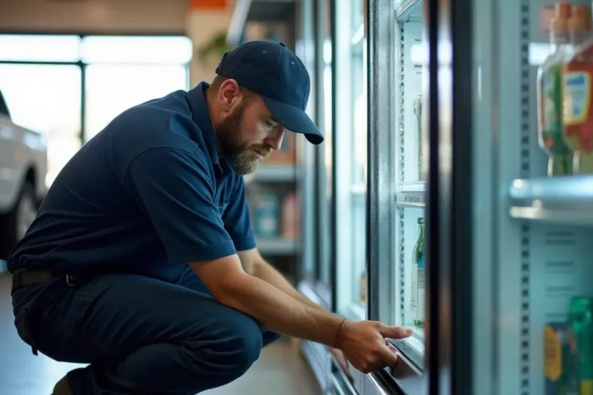 Technician checking a reach-in cooler door gasket in a small Starr County store