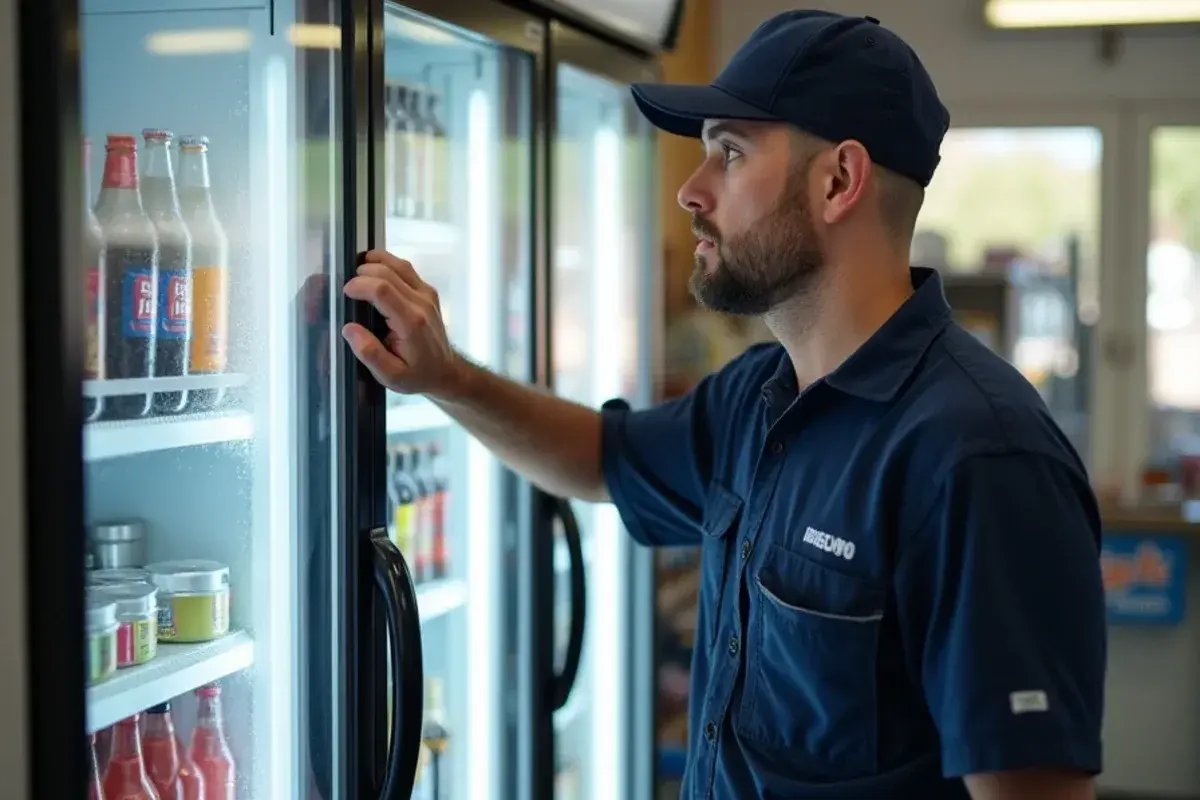 Technician checking the door closer on a glass-door display cooler in a Starr County store