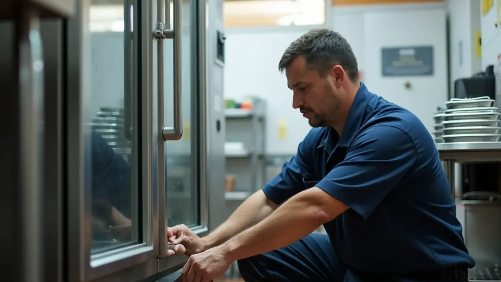 Technician removing the condenser grille from a reach-in cooler in a Rio Grande City kitchen