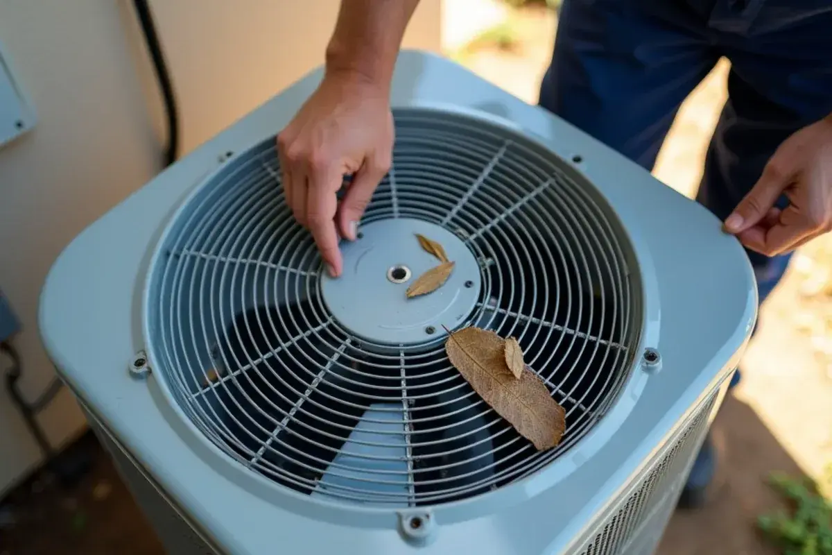 Outdoor AC condenser with a stopped fan while the compressor hums in a Starr County yard