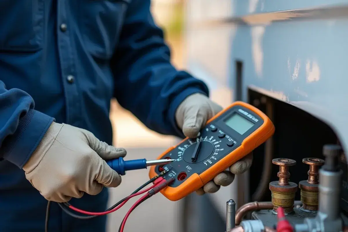Ohmmeter leads on compressor terminals during an AC compressor repair test in Rio Grande City