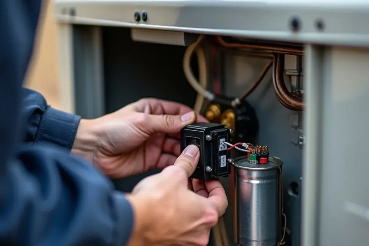 Hard-start kit being wired beside the run capacitor in an AC condenser control panel