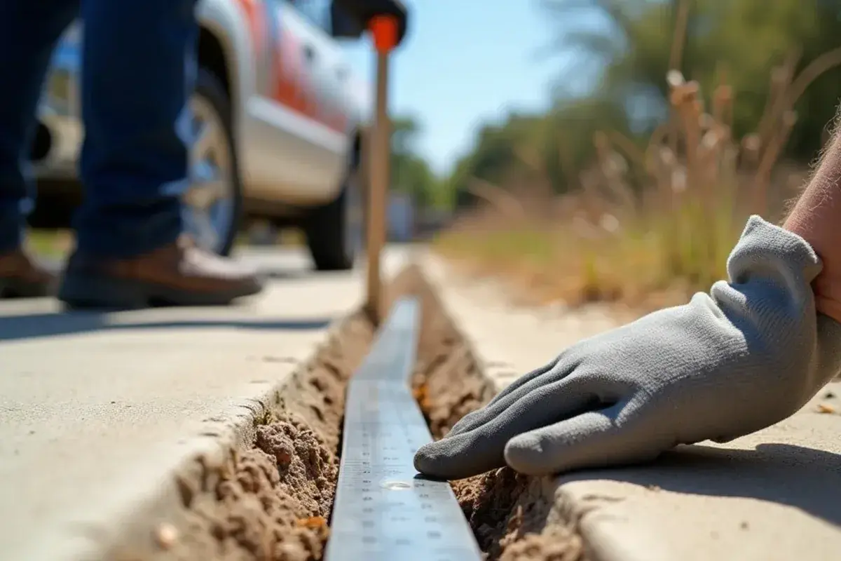 Ruler held across an offset crack in a sidewalk to measure how far one panel has dropped