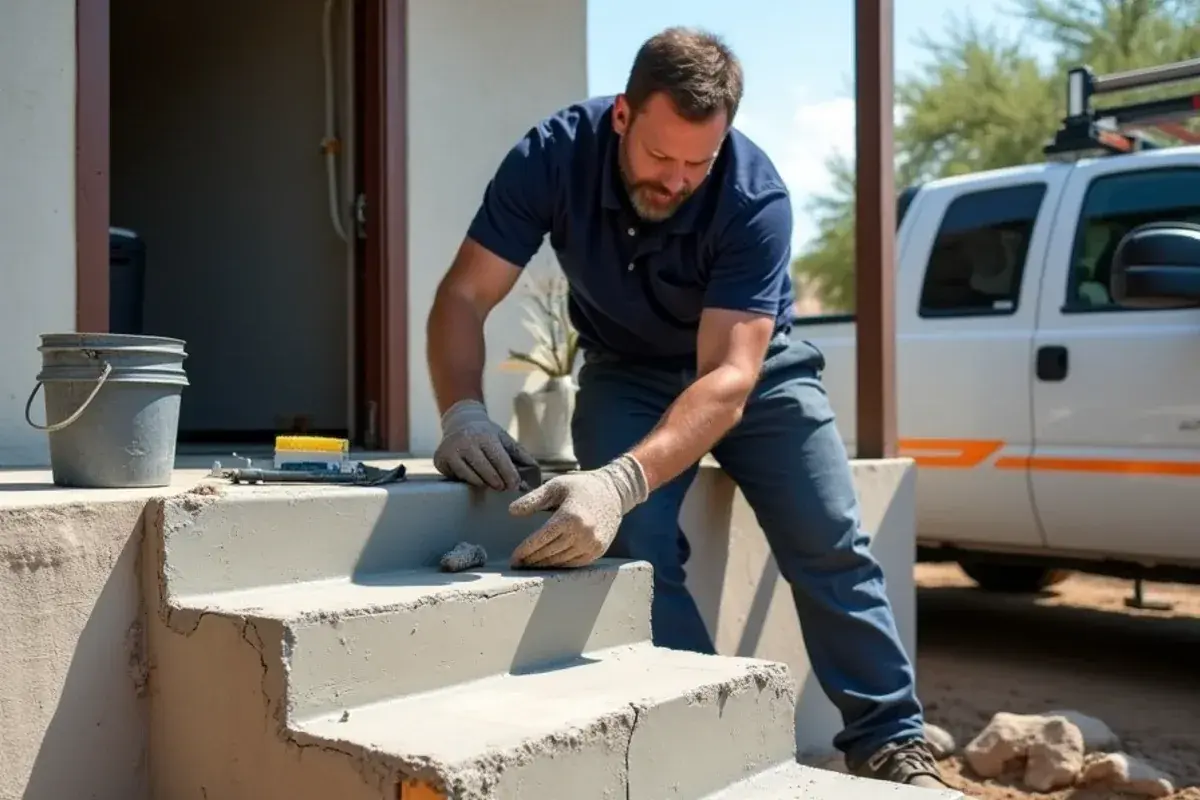 Form board clamped to a broken concrete porch step while repair mortar rebuilds the corner
