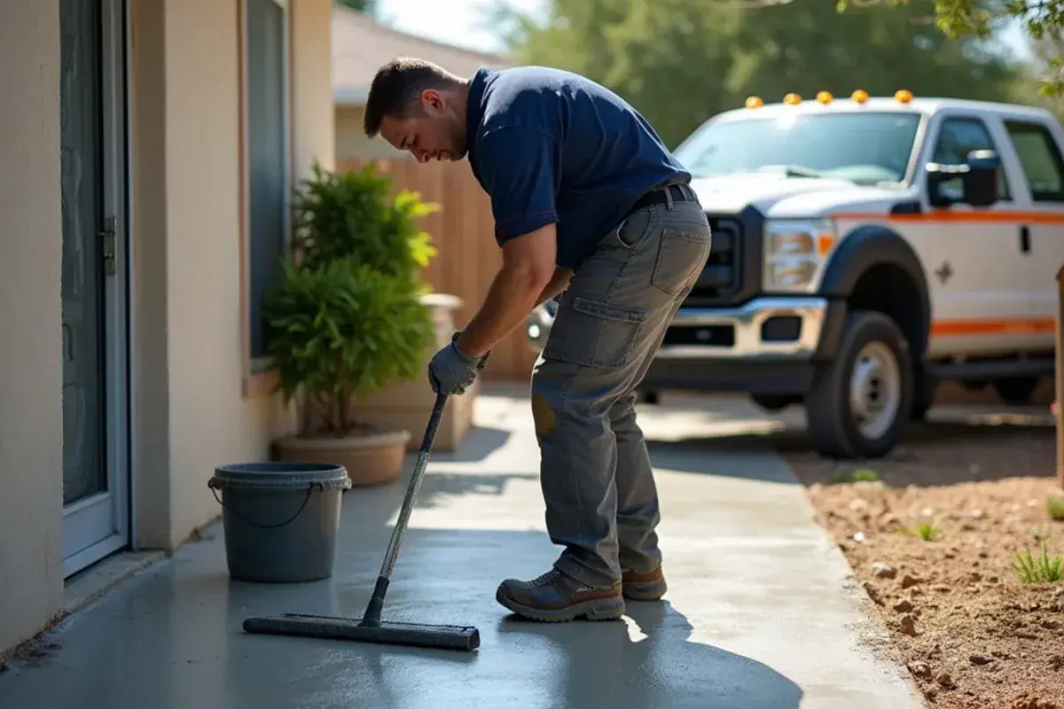 Worker spreading a thin resurfacing overlay across a worn concrete patio with a squeegee