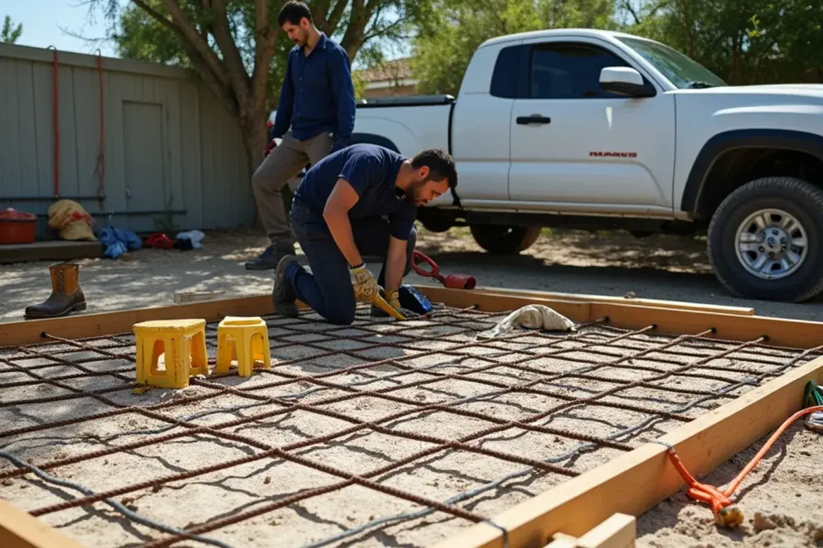 Rebar grid set on plastic chairs inside wood forms over a compacted caliche base for a new slab