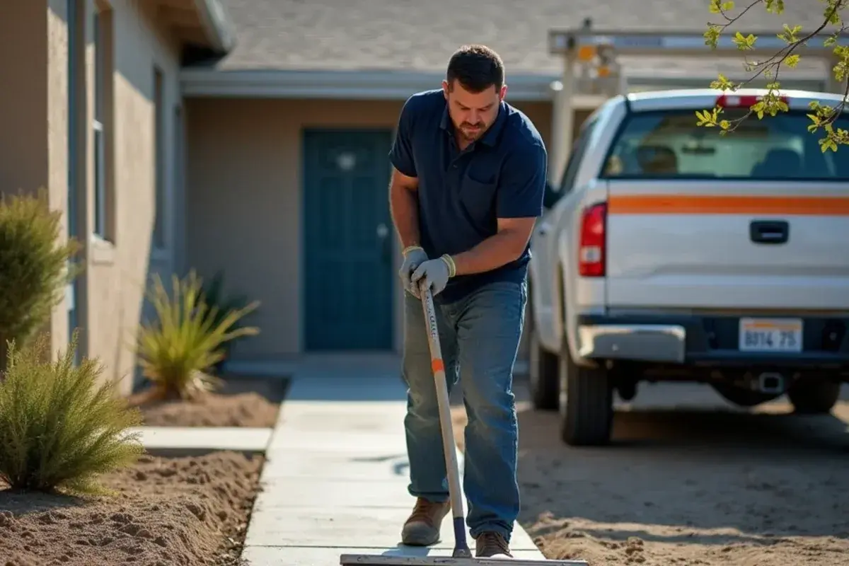 Worker pulling a broom across a new concrete sidewalk to give it a non-slip texture