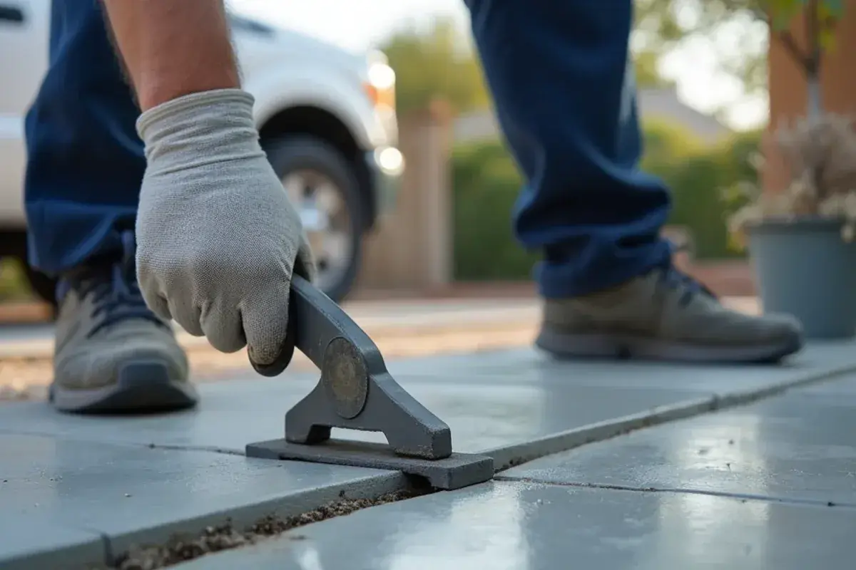 Hand groover cutting a control joint across a fresh concrete patio