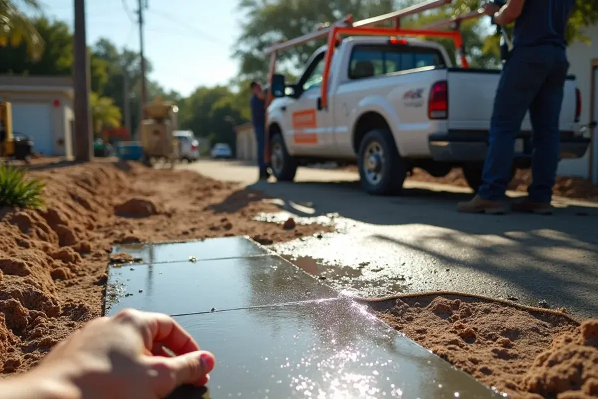 New concrete slab kept wet under a light hose spray during a hot South Texas afternoon