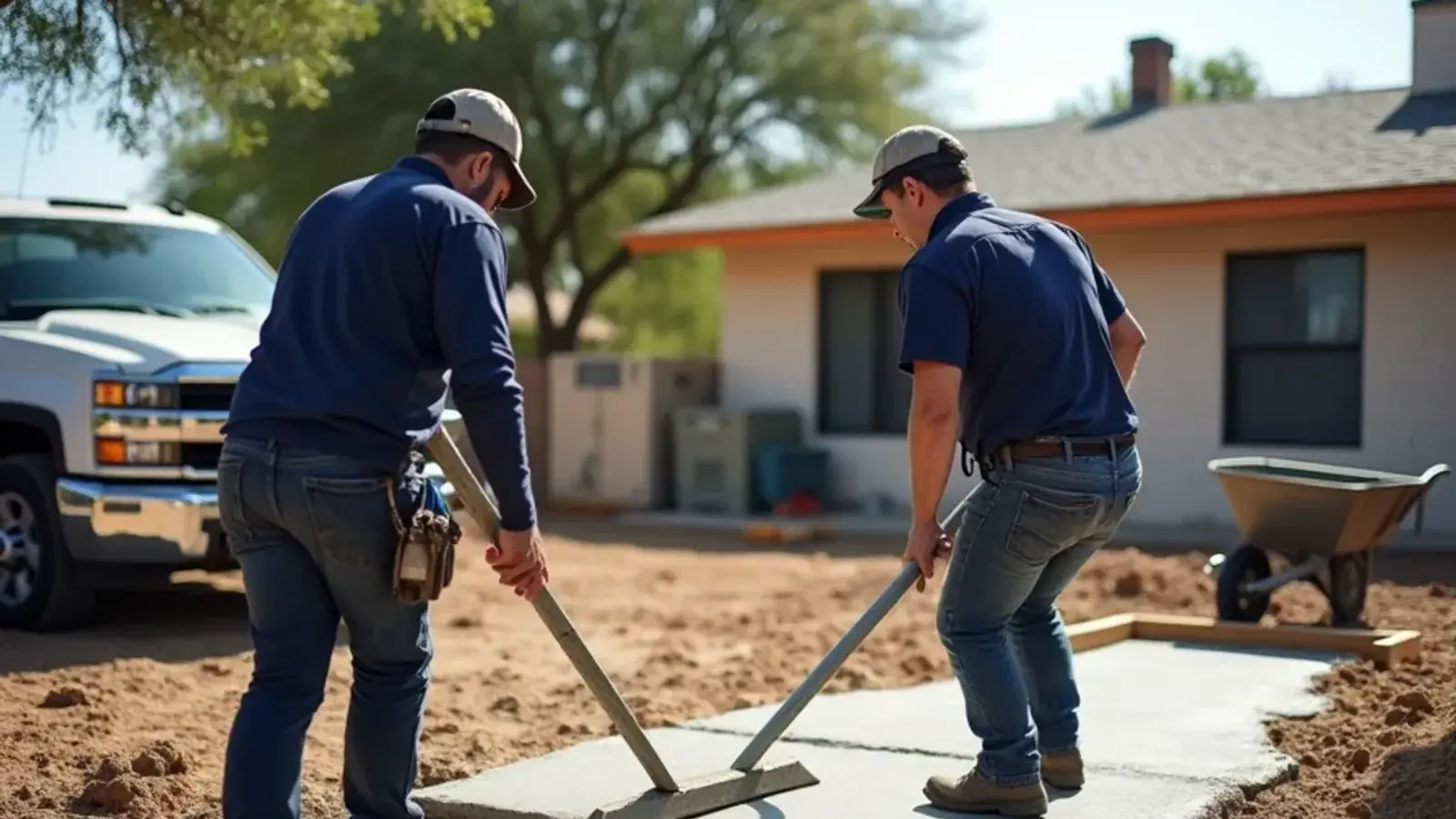 Crew screeding a freshly poured concrete patio slab in bright morning light behind a block home in Rio Grande City, TX