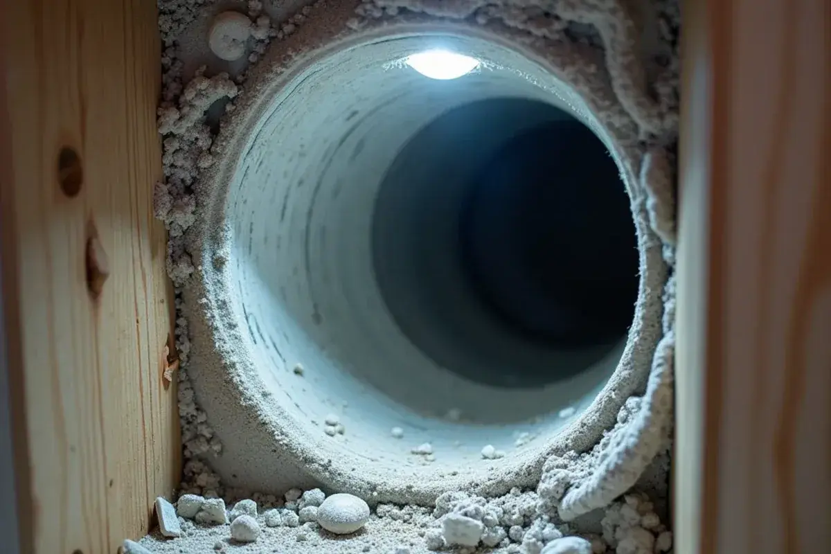 Thick gray dust and drywall debris inside a duct boot after the ceiling register is taken off