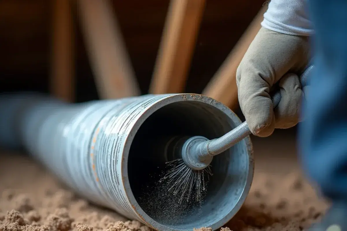 Soft rotary brush spinning inside an opened flex duct during an air duct cleaning in Rio Grande City