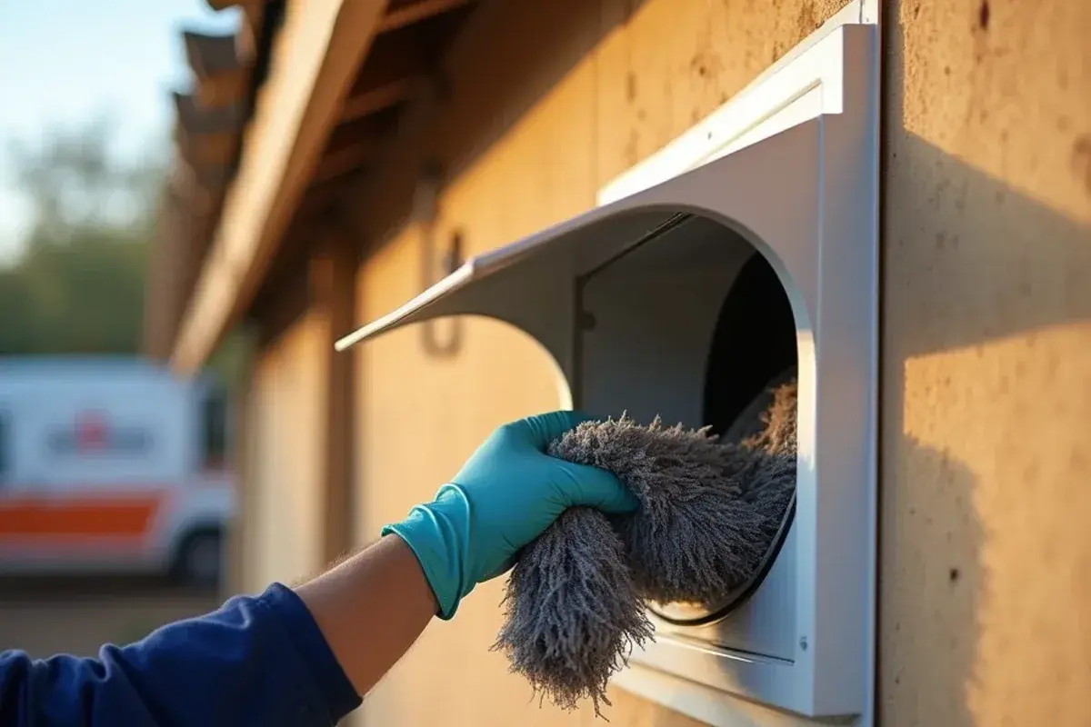 Gloved hand pulling packed lint from an exterior dryer vent hood on a stucco wall