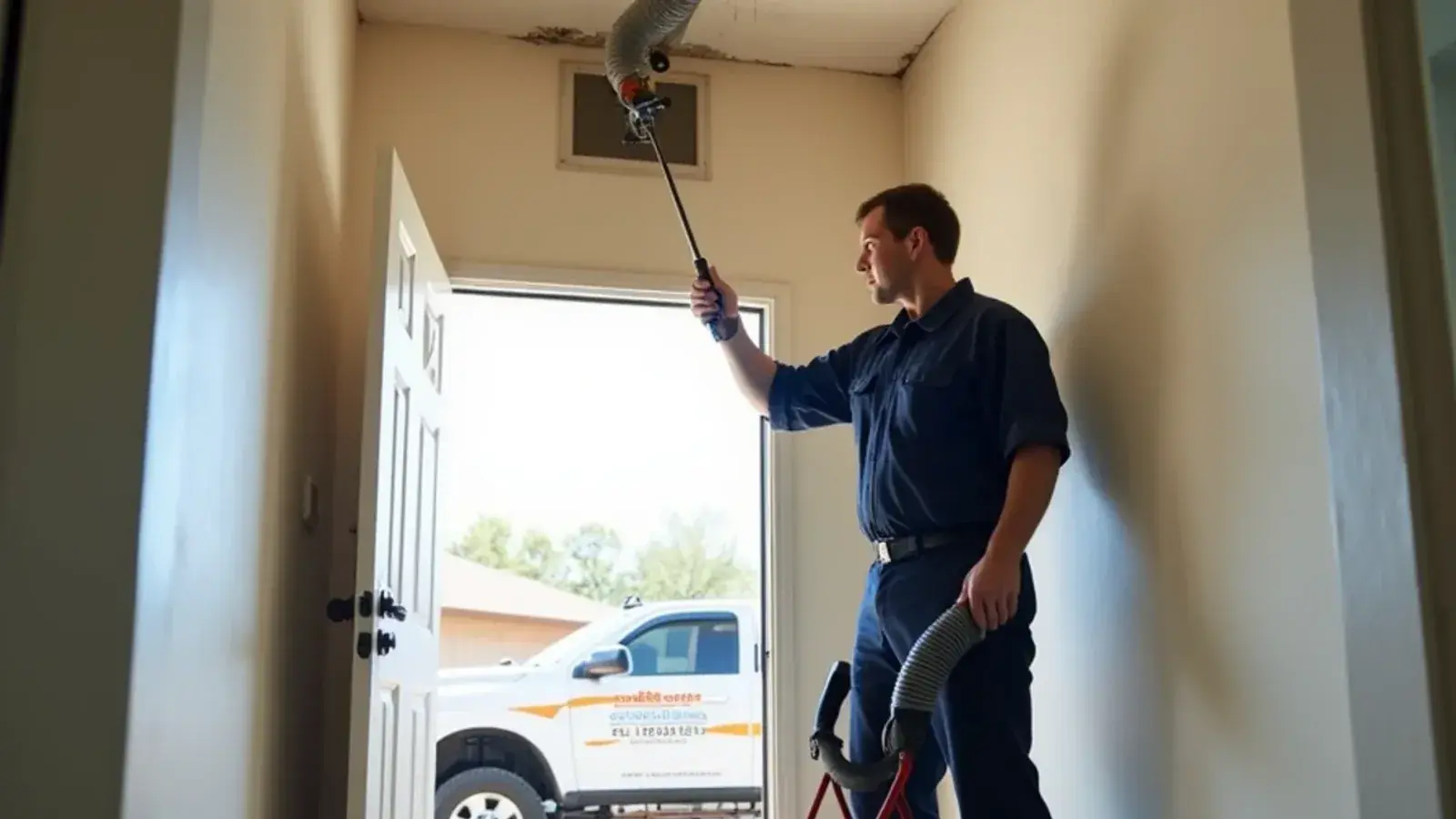 Technician feeding a rotating brush into a supply duct while a vacuum hose draws debris from the return