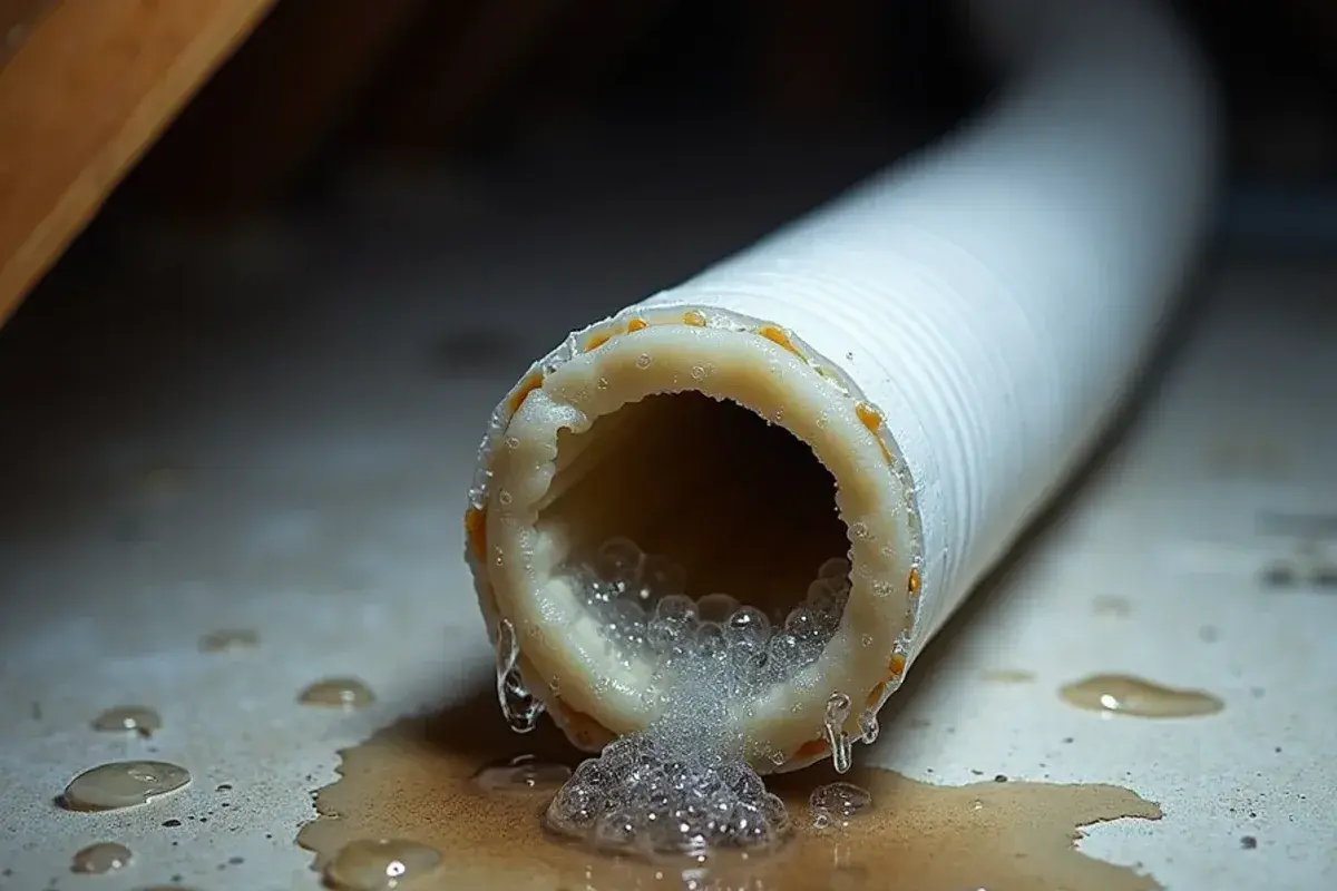 Water droplets beading on a cold attic duct above a brown stain on the ceiling drywall