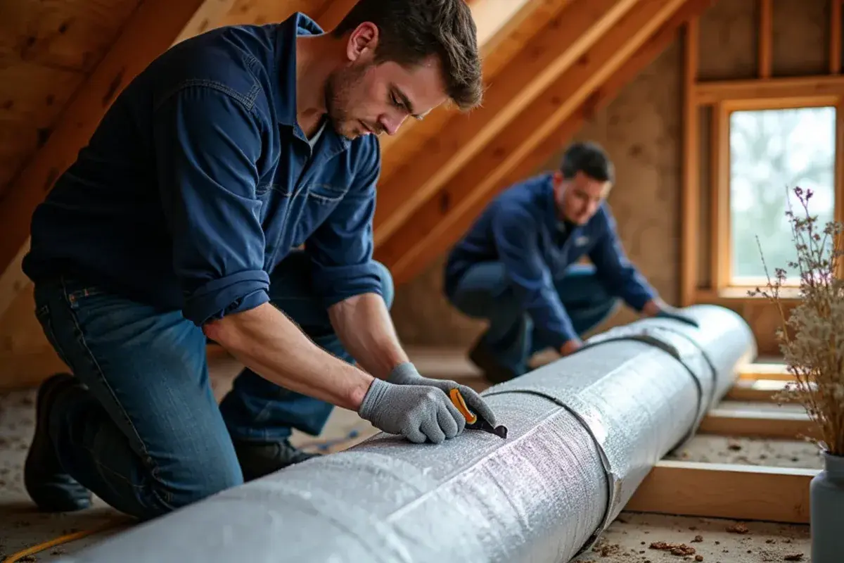 Foil-faced insulation wrap being taped closed around a sheet-metal duct in a hot attic