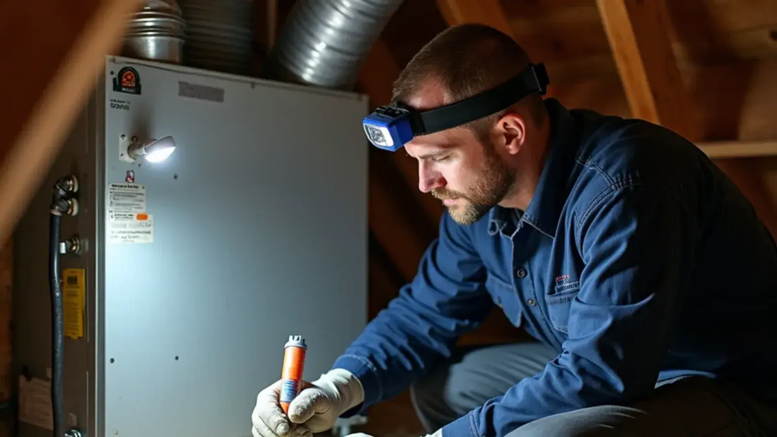 Technician brushing gray duct mastic over a seam on a sheet-metal supply plenum in an attic