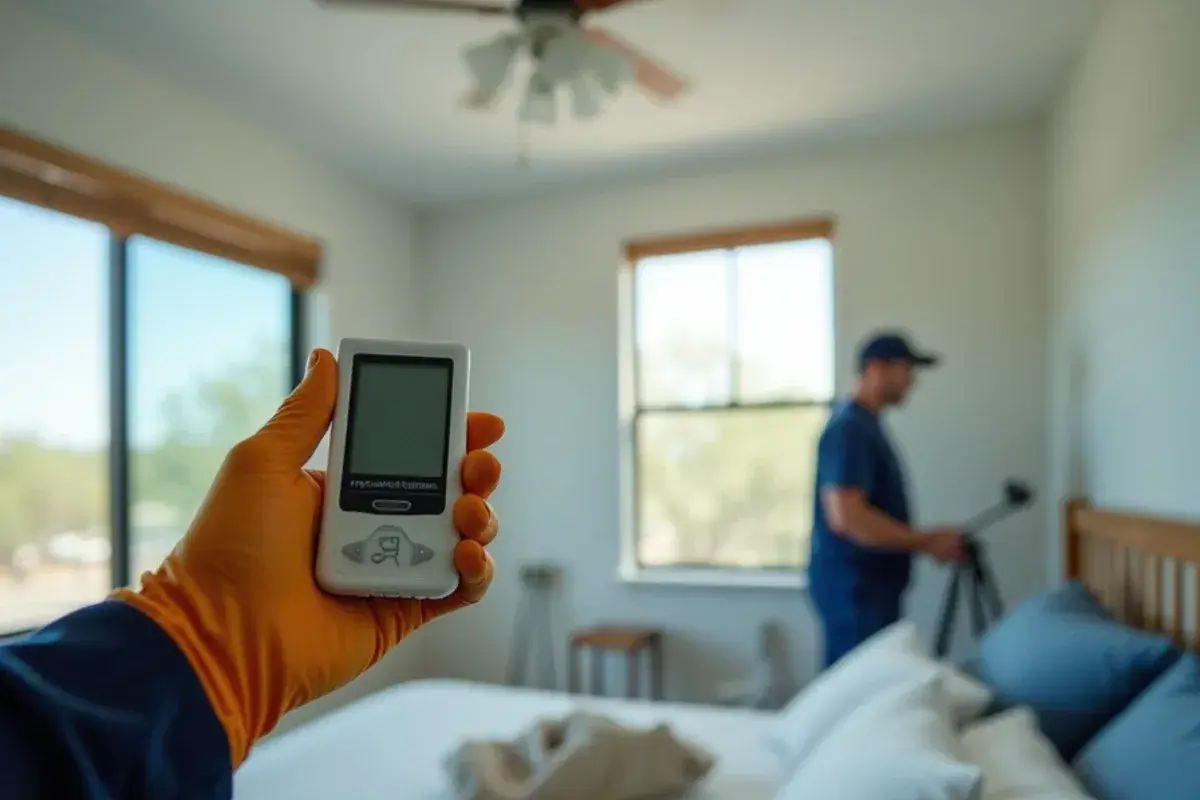 Handheld anemometer held against a ceiling supply register to measure weak airflow in a bedroom