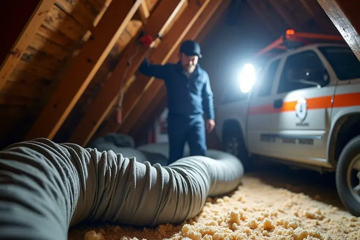 Crushed and kinked flex duct run lying on attic joists above a hallway ceiling
