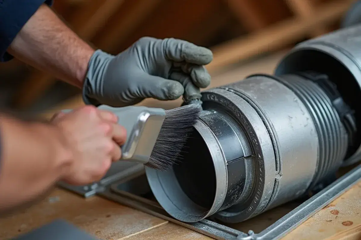 Fresh insulated flex duct strapped to a sheet-metal collar on a supply plenum in an attic