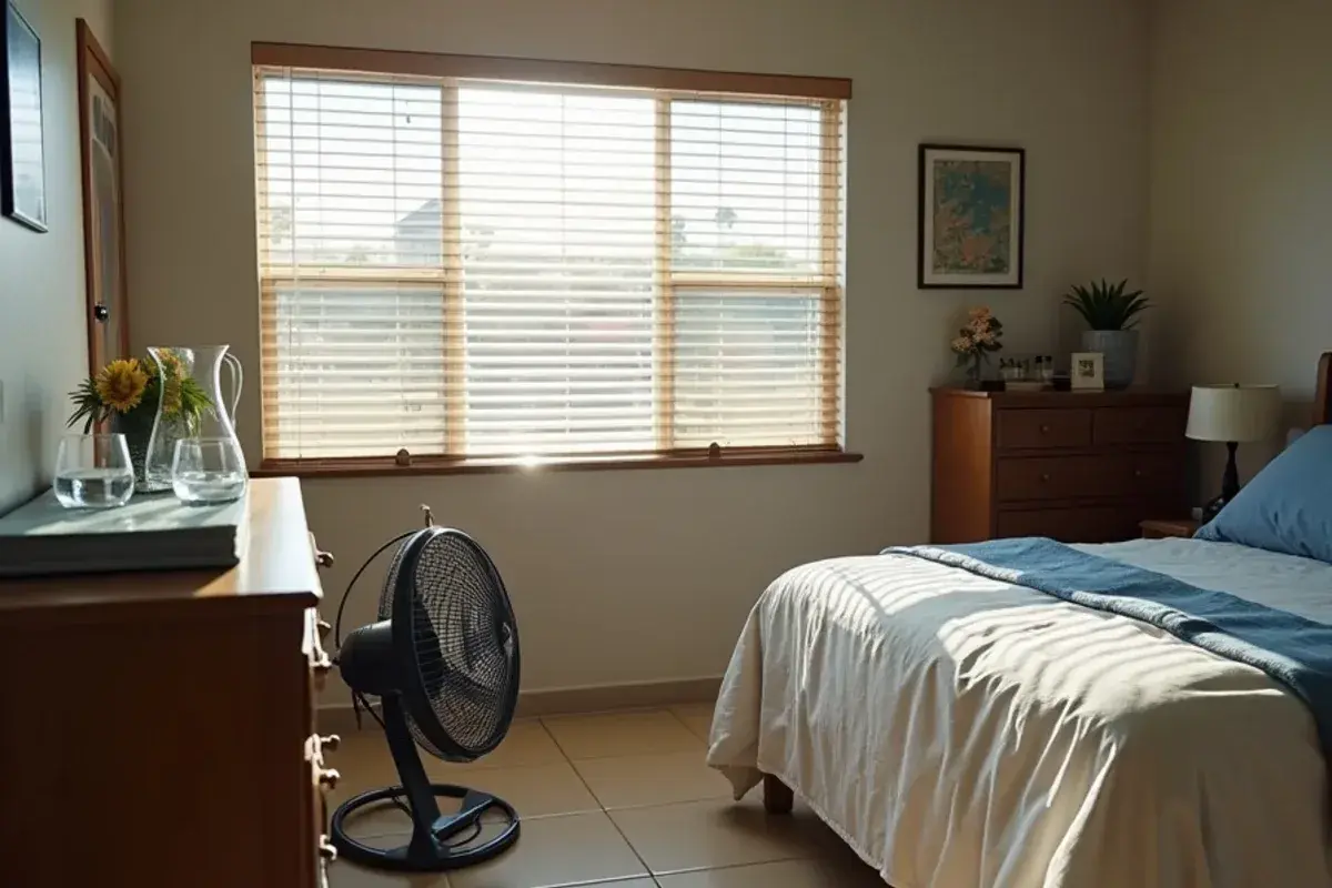 Darkened bedroom with closed blinds and a box fan used to stay cool while waiting for emergency AC repair