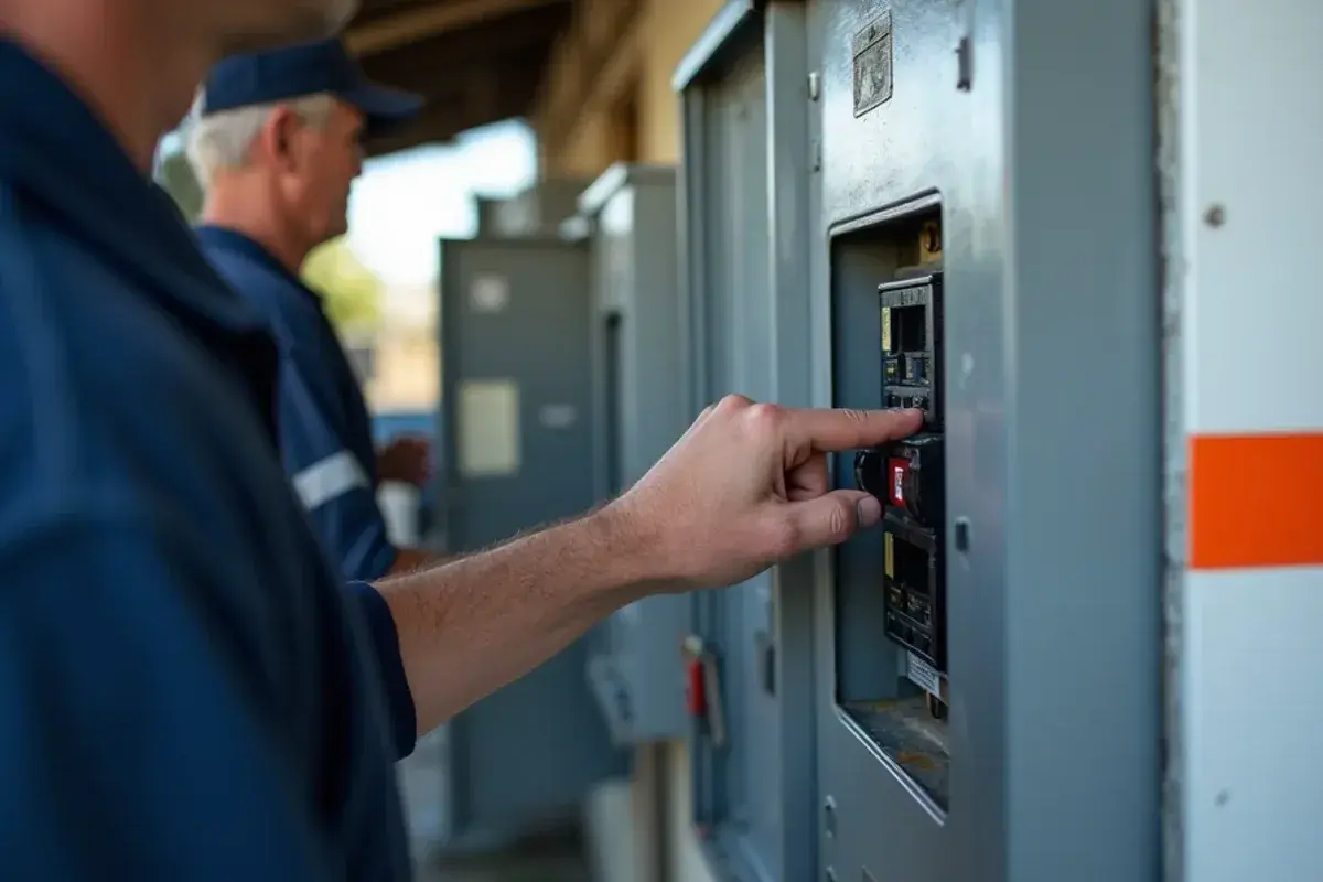 Hand flipping an AC breaker in a home electrical panel after the air conditioner stopped working